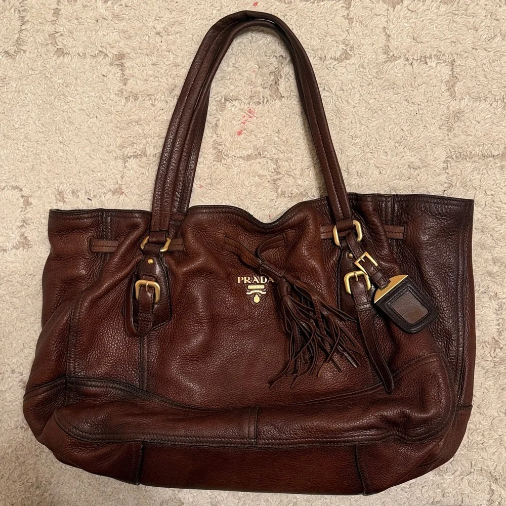 Prada Cervo Brown Pebbled Leather Tote - Picture 2 of 16